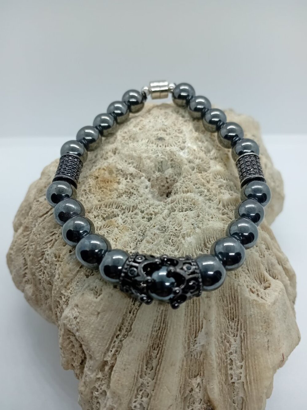 Men's Genuine Hematite Bead Bracelet Black Crowns Pave Zircon Magnetic Clasp 8MM